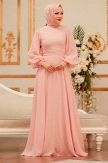 Evening & Party Dresses - Salmon Pink Hijab Evening Dress 100339077 - Turkey