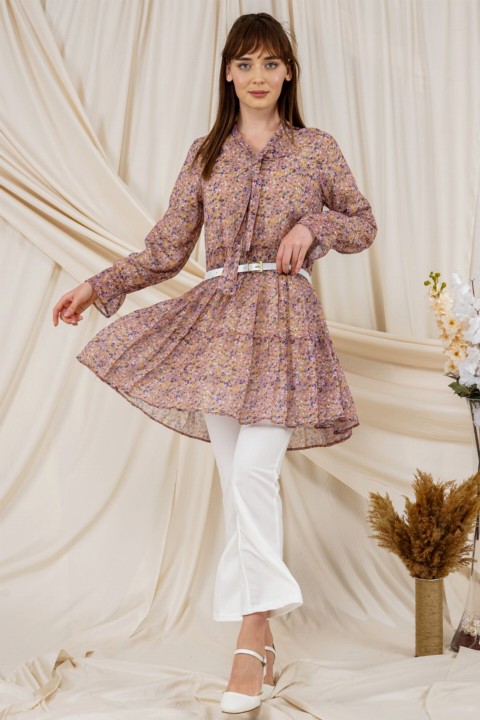 Tunic - Women's Floral Patterned Belt Detailed Wide Cut Tunic 100326112 - Turkey
