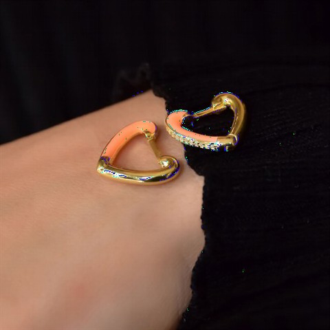Earrings - Orange Enamel Heart Motif Sterling Silver Earrings 100349997 - Turkey