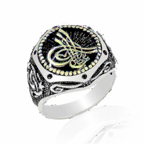 Silver Rings 925 - Octagonal Corner Model Ottoman Tugra Silver Men's Ring 100348485 - Turkey