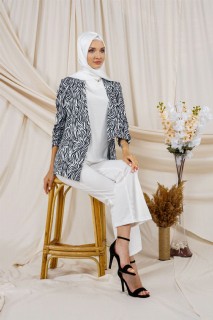Women's Zebra Patterned Sleeves Pleated Double Breasted Collar Blazer Jacket 100326107