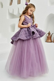 Girls - Fliederfarbenes Abendkleid mit V-Ausschnitt und Nullärmeln, Blumenstickerei für Mädchen 100328264 - Turkey