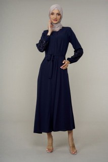 Woman Clothing - Abaya avec ceinture à sequins sur les bras 100326008 - Turkey