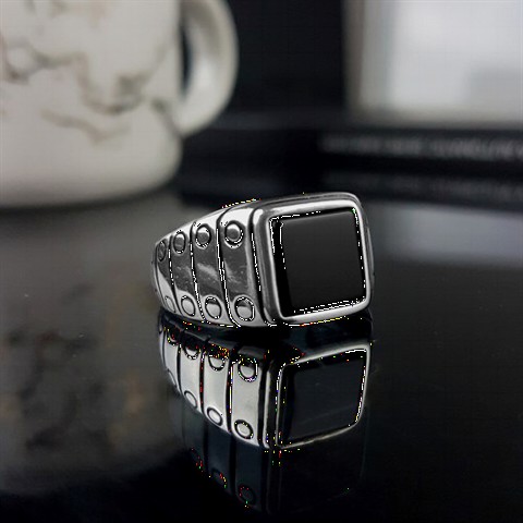 Square Sterling Silver Men's Ring With Onyx Stone 100349667