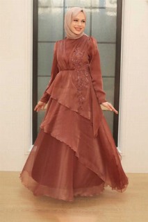 Wedding & Evening - Terra Cotta Hijab Evening Dress 100340598 - Turkey