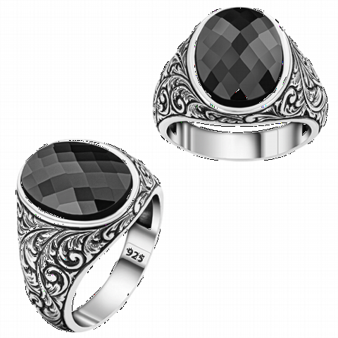 Sterling Silver Men's Ring with Black Zircon Stones on the Sides 100350322