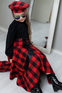 Girl Painter Hat With Asymmetrical Cut Red Skirt Suit 100327009
