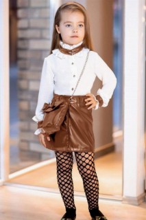 Outwear - بدلة بناتي ذات ياقة مكشكشة جديدة وتنورة من الجلد البني 100328209 - Turkey