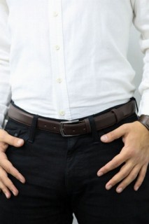 Belt - حزام جارد جلد كلاسيكي مخيط بني للرجال - 3.5 سم 100345950 - Turkey