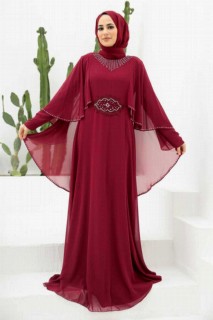 Evening & Party Dresses - Claret Red Hijab Evening Dress 100339587 - Turkey