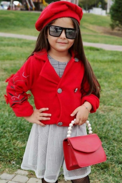 Girl's New Fleece Jacket and Beret Hat Plaid Red Dress 100328177