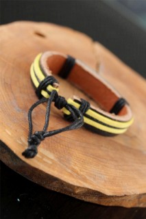 Yellow Black Color Leather Men's Bracelet With Metal Accessories 100318830