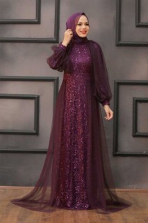 Wedding & Evening - Plum Color Hijab Evening Dress 100337571 - Turkey