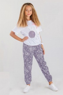 Tracksuits, Sweatshirts - Girl's Stone Embroidered and Side Tie Waist Lilac Tracksuit Suit 100327936 - Turkey