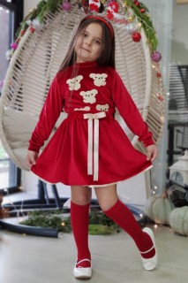 Girl Clothing - Girl's Teddy Bear Embroidered Velvet Claret Red Skirt Suit 100326930 - Turkey