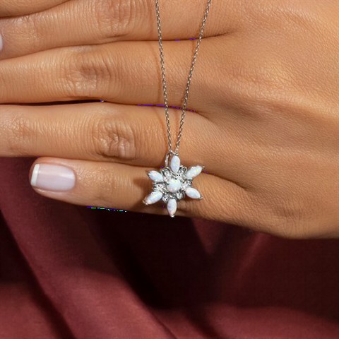 Necklaces - Opal Stone Wind Flower Model Silver Necklace 100350091 - Turkey