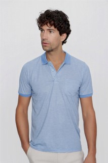 T-Shirt - تي شيرت رجالي بياقة بولو أزرق ثلجي ذو قصة ديناميكية مريحة وجيب مزخرف 100350935 - Turkey