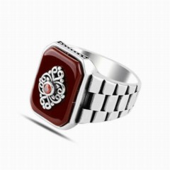 Agate Stone Solitaire Clock Handle Motif Silver Ring 100347874