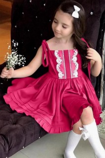 Girl Clothing - فستان بناتي من الدانتيل المطرز بحبال وحبال وحافة مكشكشة من الفوشيا 100327386 - Turkey