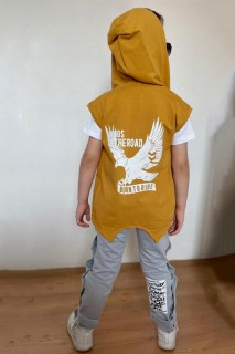 Boy Eagle Printed Zipper Detailed Hooded Vest Mustard Tracksuit Suit 100328431
