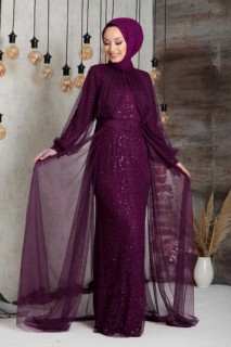 Wedding & Evening - Plum Color Hijab Evening Dress 100335955 - Turkey