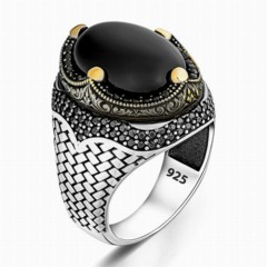 Black Agate Silver Ring With Zircon Stone Around 100346346