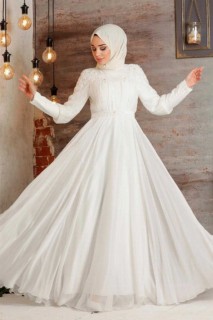 Wedding & Evening - Ecru Hijab Evening Dress 100336269 - Turkey