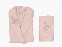Set Robe - Scar Embroidered 100% Cotton Single Bathrobe Set Powder 100329397 - Turkey