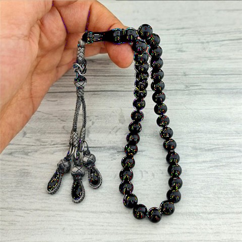 Kazaz Silver Tasseled Black Color Fire Amber Rosary 100350420