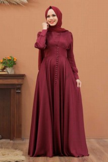 Claret Red Hijab Evening Dress 100337563