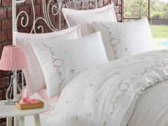 Lace Bade Embroidered Cotton Satin Duvet Cover Set Cream 100331376