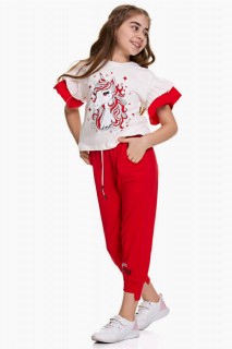 Girl's Sleeves Frilly and Unicorn Pony Printed Red Tracksuit Suit 100328255