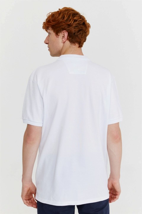 Men's White Basic Polo Neck Pocketless Battal Wide Cut Dobby T-Shirt 100351228