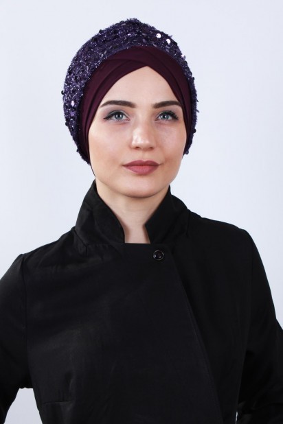 Woman Bonnet & Hijab - کلاه پولک دار بنفش - Turkey