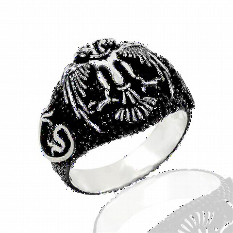 Animal Rings - Special Black Ground Double Headed Eagle Symbol Sterling Silver Men's Ring 100348587 - Turkey
