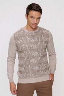 Zero Collar Knitwear - Pull en maille à motifs à coupe confortable pour homme, beige, col ras du cou, coupe dynamique 100345122 - Turkey
