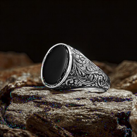 Onyx Stone Rings - Oval Onyx Stone Pen Engraved Silver Ring 100349770 - Turkey