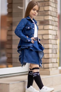 Outwear - Girl's Double Pocket Jean Jacket and Blue Denim Ruffle Skirt Suit 100328689 - Turkey