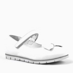 Girl Shoes - بابيت بناتي جلد طبيعي بشريط فيلكرو أبيض مع فيونكة 100278807 - Turkey