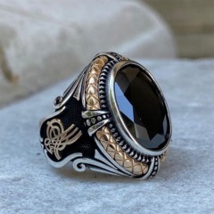 Zircon Stone Rings - Ottoman Tugra Motif Black Zircon Stone Silver Men's Ring 100348045 - Turkey