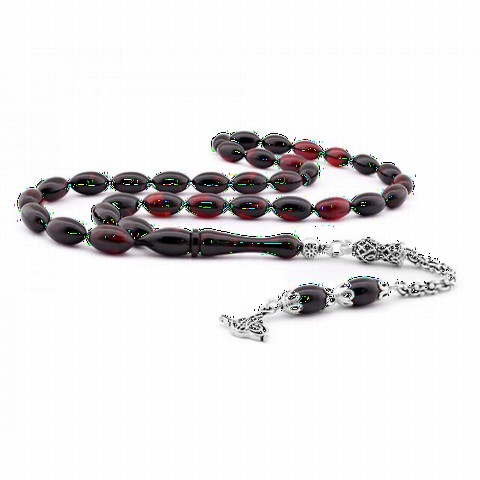 Men - Black Red Color Transition Tassel Tugra Spinning Amber Rosary 100349465 - Turkey
