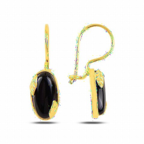 Oval Black Stone Women's Silver Earrings 100347553