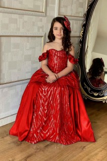 Girl's Collar Transparent And Pulp Detailed Red Evening Dress 100328297
