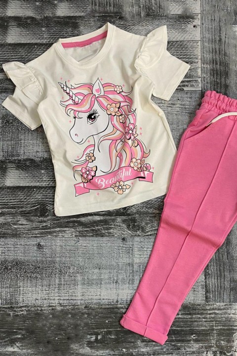 Girl's Shoulder Frilly Unicorn Printed Beatiful Pink Tracksuit 100327722
