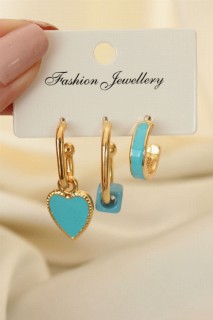 Earrings - Blue Enamel Heart Pattern Earring Set 100319862 - Turkey