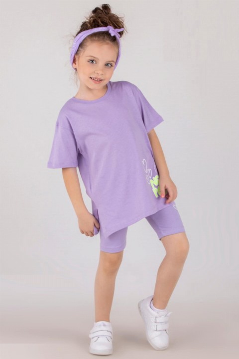 Girl Boy New Post Heart Printed Lilac Shorts Set With Elastic Waist 100327250