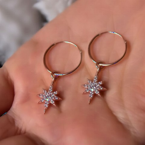 Earrings - Zircon Stone Pole Star Ring Silver Earring 100350035 - Turkey