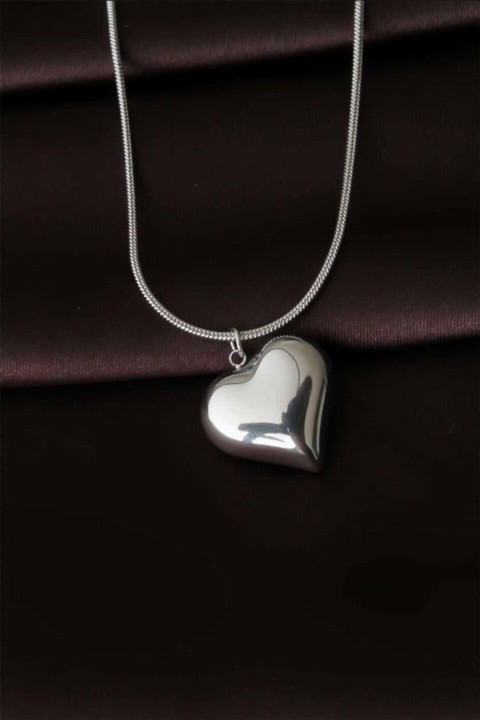 Necklaces - Heart Shaped Silver Color Steel Women Necklace 100327503 - Turkey