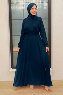 Wedding & Evening - Navy Blue Hijab Evening Dress 100340547 - Turkey