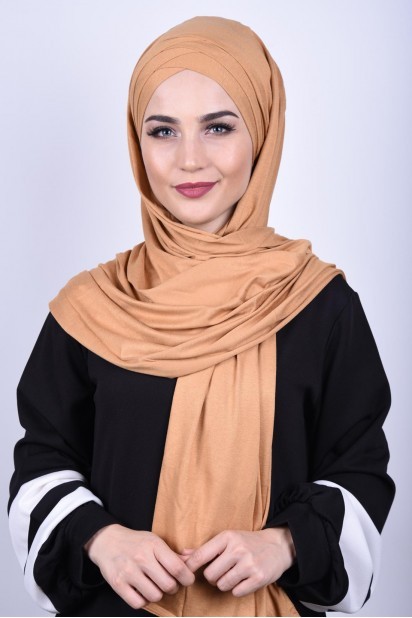 Ready to wear Hijab-Shawl - 3-Streifen-Schal aus gekämmter Baumwolle Karamell - Turkey